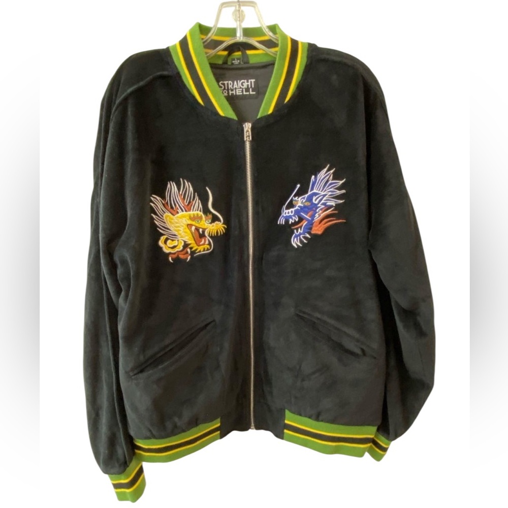 Straight To Hell Embroidered Dragon Eagle Skull Bomber Jacket Black Green Trim L